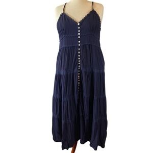 Cute Options Navy Blue Tiered Boho Maxi Dress Spaghetti Straps Lace Trim 2XL